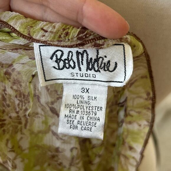 Vintage Y2K Bob Mackie Green White Brown SHEER Silk Boho Whimsigoth Fairy Blouse - Picture 6 of 7